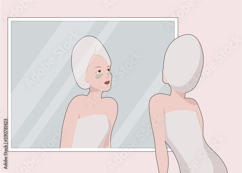 woman with washed hair and patches is looking in a mirror in a bathroom - daycare routine