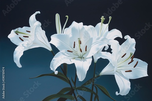 A minimalist painting of a group of white lilies in light indigo.