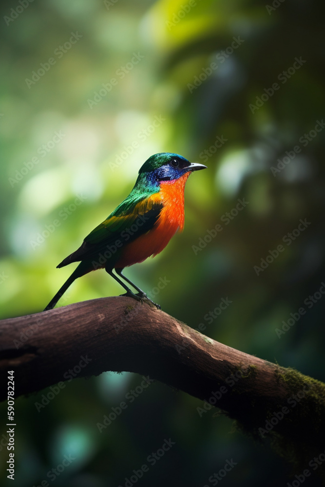Colorful bird perched on a branch in the rainforest