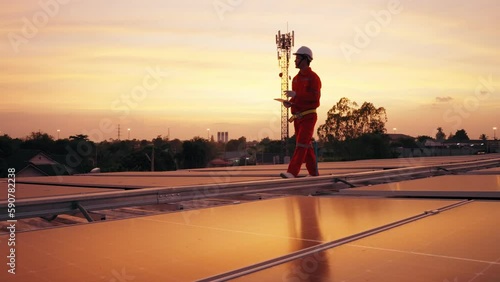 Engineer Asian man checking solar panels with tablet before sunset