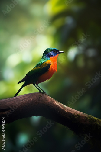 Colorful bird perched on a branch in the rainforest © artefacti