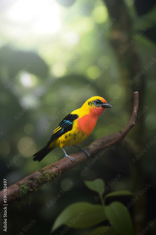 Fototapeta premium Colorful bird perched on a branch in the rainforest