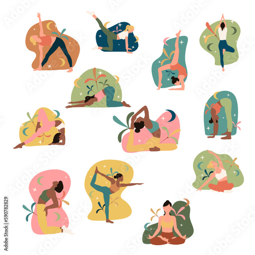 set of four stickers of balck white blond brunett girls in different poses and clothes doing yoga fitness sport on white background for apps webs banners