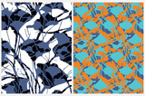 Abstract Hand Drawn Floral Seamless Vector Pattern. Freehand Blue Leaves Isolated on a Orange and White Background. Abstract Tropical Garden Design. Floral Repeatable Print ideal for Fabric, Textile.