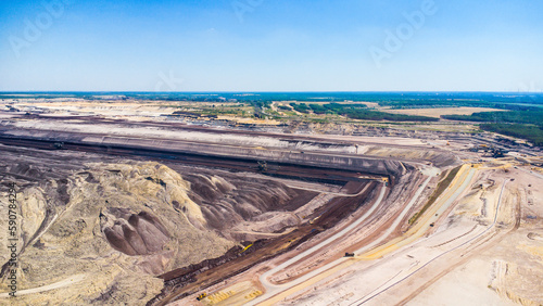 Welzow, Germany - June 24, 2022: Aerial view of a massive opencast coal mine