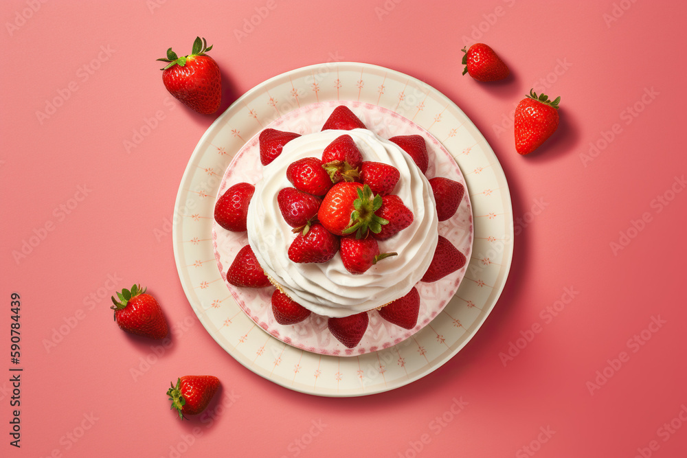 Strawberry cake and cream on a pink background, Generative AI Strawberry cake and cream on a pink background, Generative AI