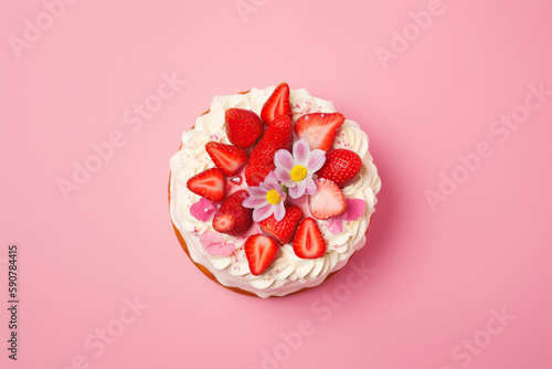 Strawberry cake and cream on a pink background, Generative AI
