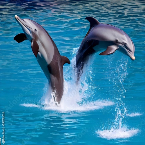 Dolphins jumping out of the water and performing acrobatic tricks. Created using generative AI.