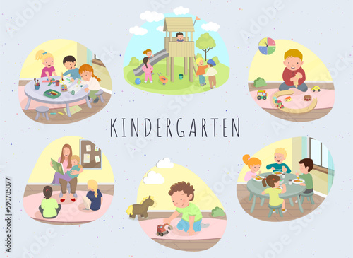 Set of kindergarten or preschool activities. Сhildren playing, reading book with educator, walking, eating, drawing. Cartoon bundle, vector illustration.