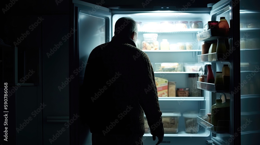 Unrecognizable person from behind looking at the fridge. generative AI Unrecognizable person from behind looking at the fridge. generative AI