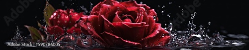 Vibrant red rose in motion captured with water droplets on black background. generative AI