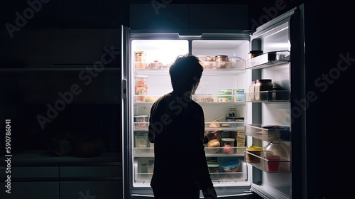Unrecognizable person from behind looking at the fridge. generative AI