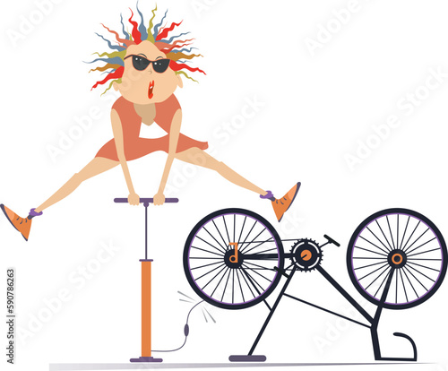 Cyclist woman and a broken bicycle. 
Cyclist woman inflates the wheel on the bicycle. Sportsperson repairs the bicycle
