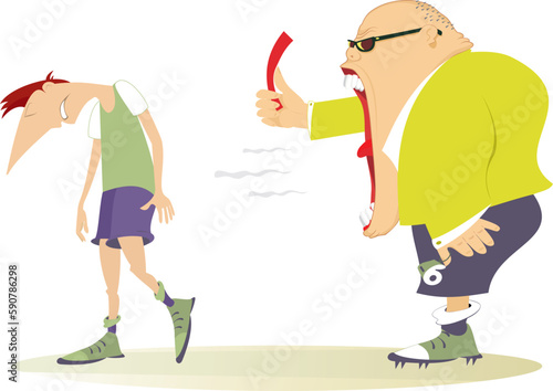 Referee. Red card. Sportsperson.
Cartoon referee shows a red card to the player. Removal from the game
