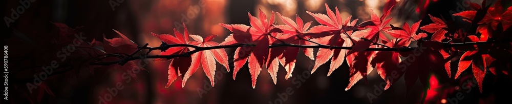Vibrant red leaves illuminated by golden sun rays, creating a stunning lens flare effect against a blurred backdrop. generative AI Vibrant red leaves illuminated by golden sun rays, creating a stunning lens flare effect against a blurred backdrop. generative AI