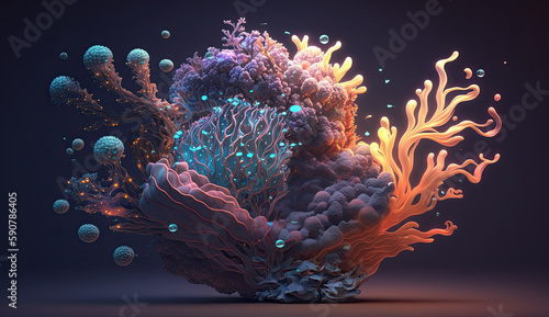 A stunning and mesmerizing dreamscape of various sea corals, spirals, and intricate details, illuminated by the glow of space, stars, smoke, and iridescence with Generative AI
