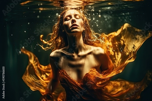 Amazing woman in a gold dress underwater in the pool  created with Generative AI