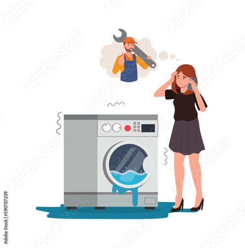 Woman and washer with leakage. Laundry equipment. Plumbing problem. Washing machine is broken ,woman called for Plumber repair service.