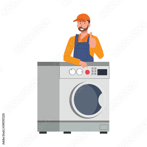 Washing machine repair service concept. Repair and warranty service of washing machines. Flat vector catoon illustration.