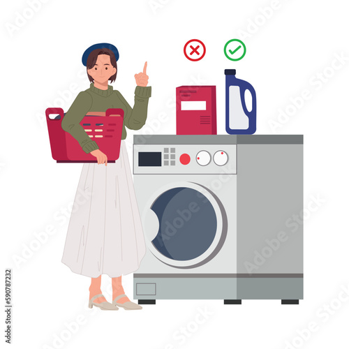 A woman is giving information about washing liquid and washing powder which is suit for washing machine. wasing soap for front loading washing machine.