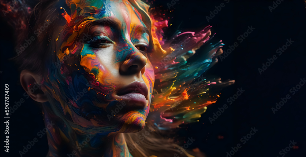 A surrealistic portrait painting abstract of a woman with colorful hair and futuristic paintings of women with colored hair and eyes. generative AI A surrealistic portrait painting abstract of a woman with colorful hair and futuristic paintings of women with colored hair and eyes. generative AI