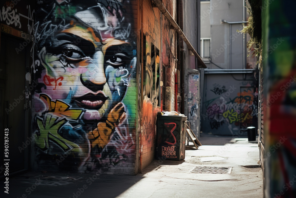 Street art alley in urban city, Generative AI