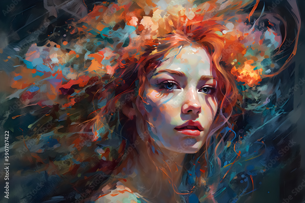 A surrealistic portrait painting abstract of a woman with colorful hair and futuristic paintings of women with colored hair and eyes. generative AI