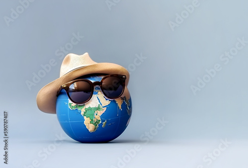 Planet earth in a hat and sunglasses on a blue background. ecological concept