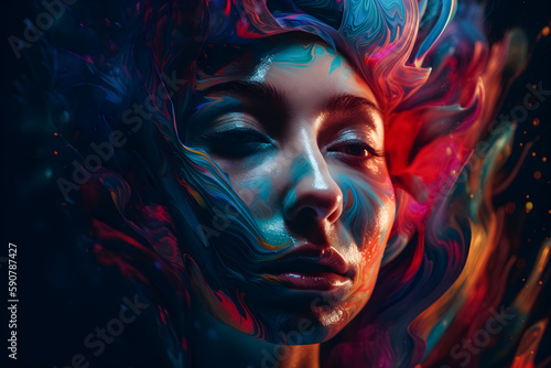 A surrealistic portrait painting abstract of a woman with colorful hair and futuristic paintings of women with colored hair and eyes. generative AI © Surachetsh
