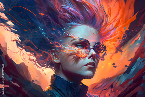 A surrealistic portrait painting abstract of a woman with colorful hair and futuristic paintings of women with colored hair and eyes. generative AI