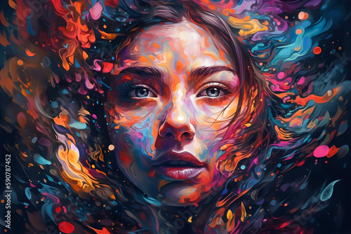 A surrealistic portrait painting abstract of a woman with colorful hair and futuristic paintings of women with colored hair and eyes. generative AI
