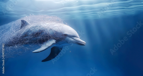 Dolphin entangled in a fishing net. Environmental protection and plastic awareness concept. © Natallia