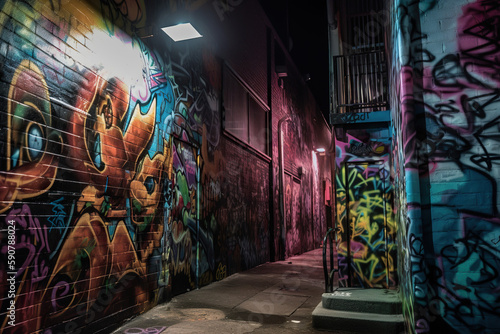 Street art alley in urban city, Generative AI © Mark