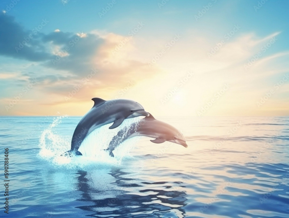 Fototapeta premium 太陽を背に向かってジャンプする2匹のイルカ Generative AI