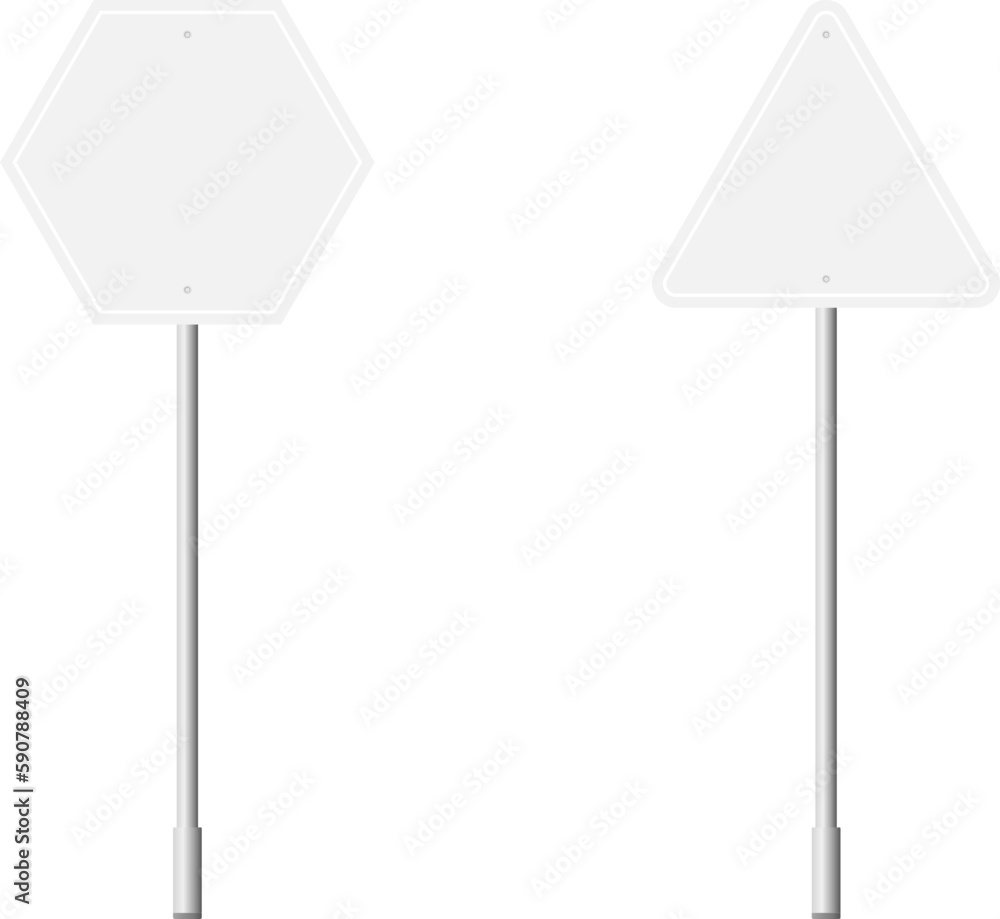 Various road, traffic signs. Highway signboard on a chrome metal pole. Blank white board with place for text. Information sign mockup. Vector illustration. Various road, traffic signs. Highway signboard on a chrome metal pole. Blank white board with place for text. Information sign mockup. Vector illustration.