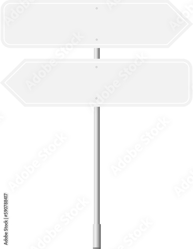 Various road, traffic signs. Highway signboard on a chrome metal pole. Blank white board with place for text. Information sign mockup. Vector illustration. © Volodymyr