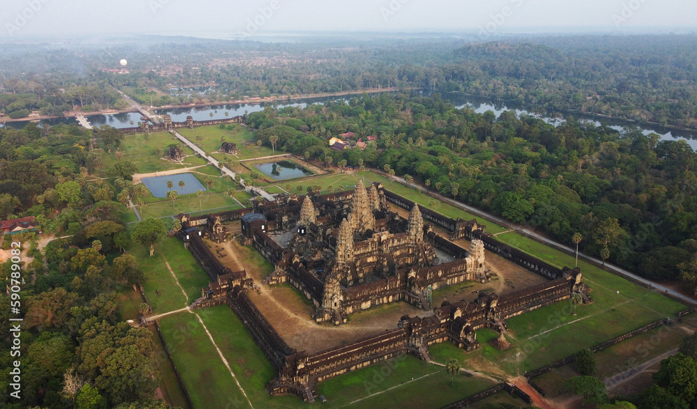 Aerial view of Angkor Wat temple, located in Siem Reap, Cambodia. The Buddhist temple complex is considered the largest religious monument in the world.