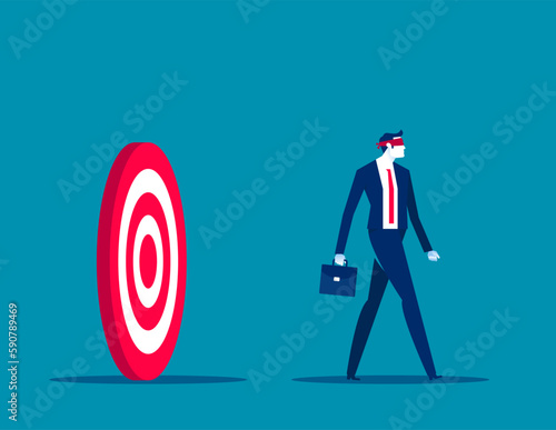Businessman blindfolded with target direction. Business vector illustration