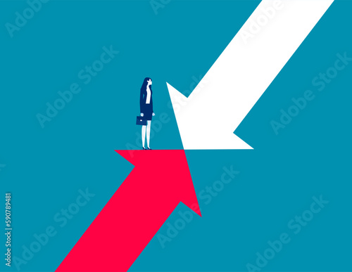 Businesswoman confronting falling arrow. Business vector illustration