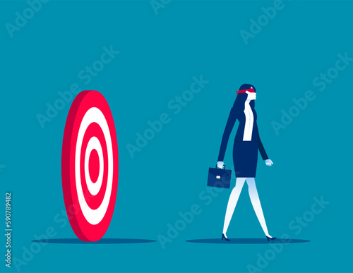Businesswoman blindfolded with target direction. Business vector illustration