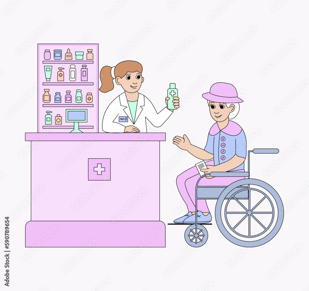 An elderly woman in a wheelchair buys medicine in a pharmacy. A friendly female pharmacist serves the client. Vector color illustration. An elderly woman in a wheelchair buys medicine in a pharmacy. A friendly female pharmacist serves the client. Vector color illustration.