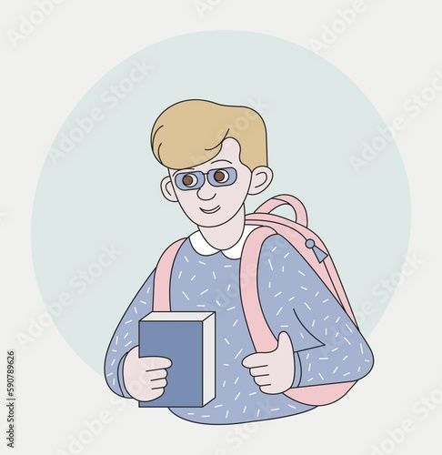 A boy with a backpack and glasses. Character portrait of a young schoolboy, student. Vector color illustration cartoon style.