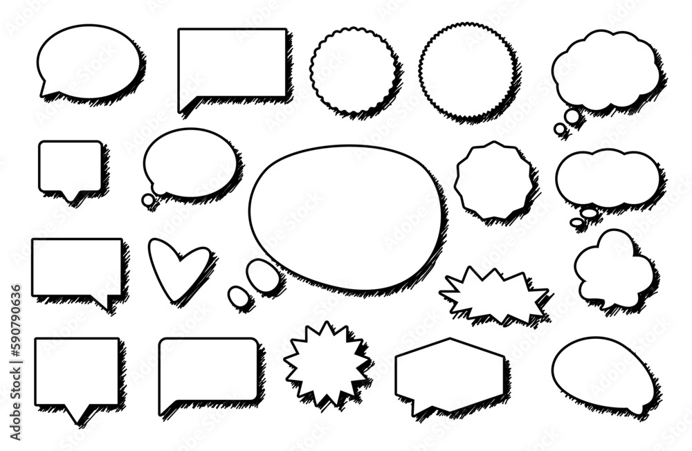 Fototapeta premium Comic Speech Bubble Set. Pen, pencil or marker handdrawn doodle scribble empty template for your text. Retro cartoon stickers (Full Vector)