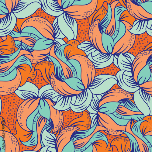 Tropical flower seamless vector texture pattern background. Overlapping perennial orange blue flowers dense backdrop. Arts and Crafts style painterly textural design. Cottagecore for summer