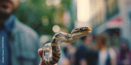 The Urban Serpent: A Young Man and his Pet Snake Strolling through the City