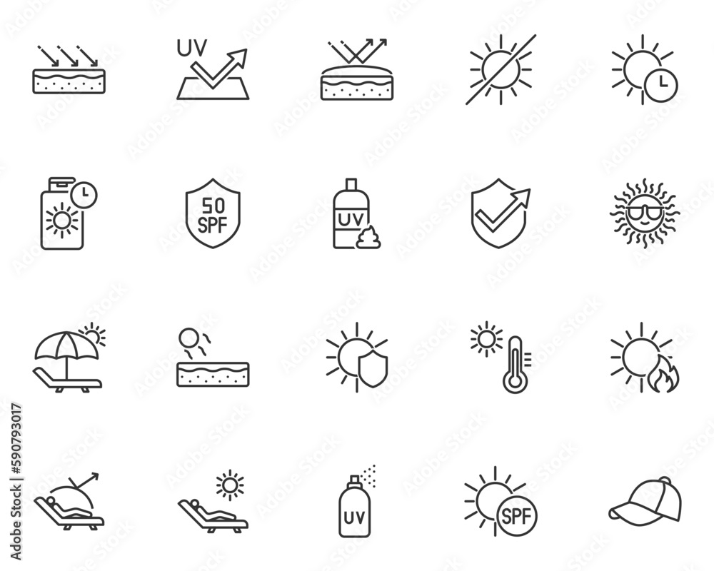 Fototapeta premium set of sun protection icons, sunscreen, sunburn, summer