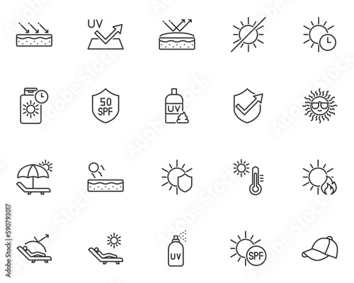 set of sun protection icons, sunscreen, sunburn, summer
