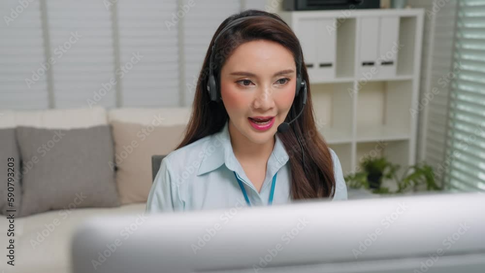 Young Asian woman call center with headsets talking with customer in sales room at office, Telemarketing sales or Customer service operators concept Young Asian woman call center with headsets talking with customer in sales room at office, Telemarketing sales or Customer service operators concept