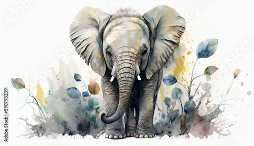 Elephant baby illustration with light watercolor on white background  minimalist animal painting  light watercolor artwork  unique wall d  cor  ai art. generative ai