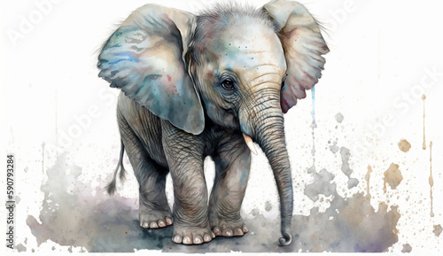 Elephant baby illustration with light watercolor on white background, minimalist animal painting, light watercolor artwork, unique wall décor, ai art. generative ai